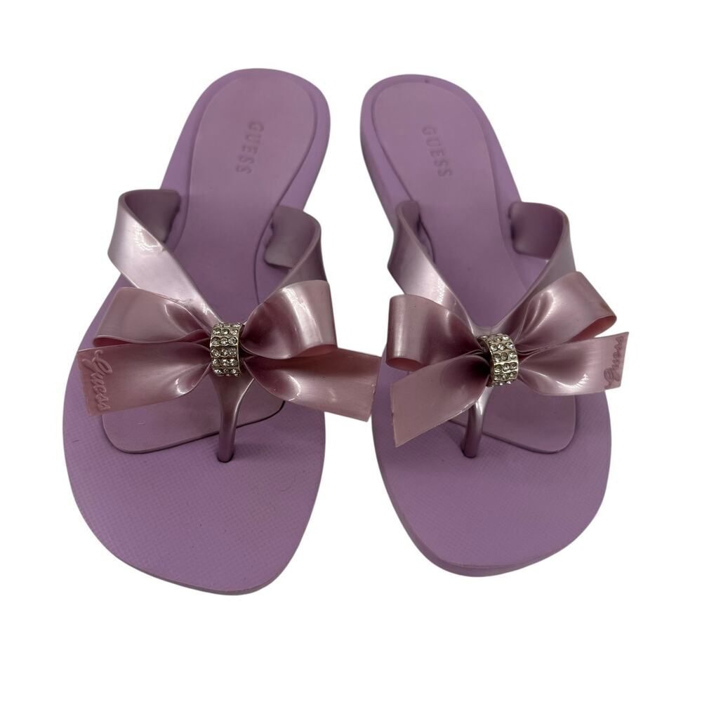GUESS Sandals Purple Bow Rhinestone Thong Flip Flop Size 5 Womens Coquette
